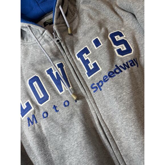 Vintage Lowe’s Motor Speedway Grey Stripe Hoodie Blue puffer lined Jacket 2XL - Picture 3 of 9